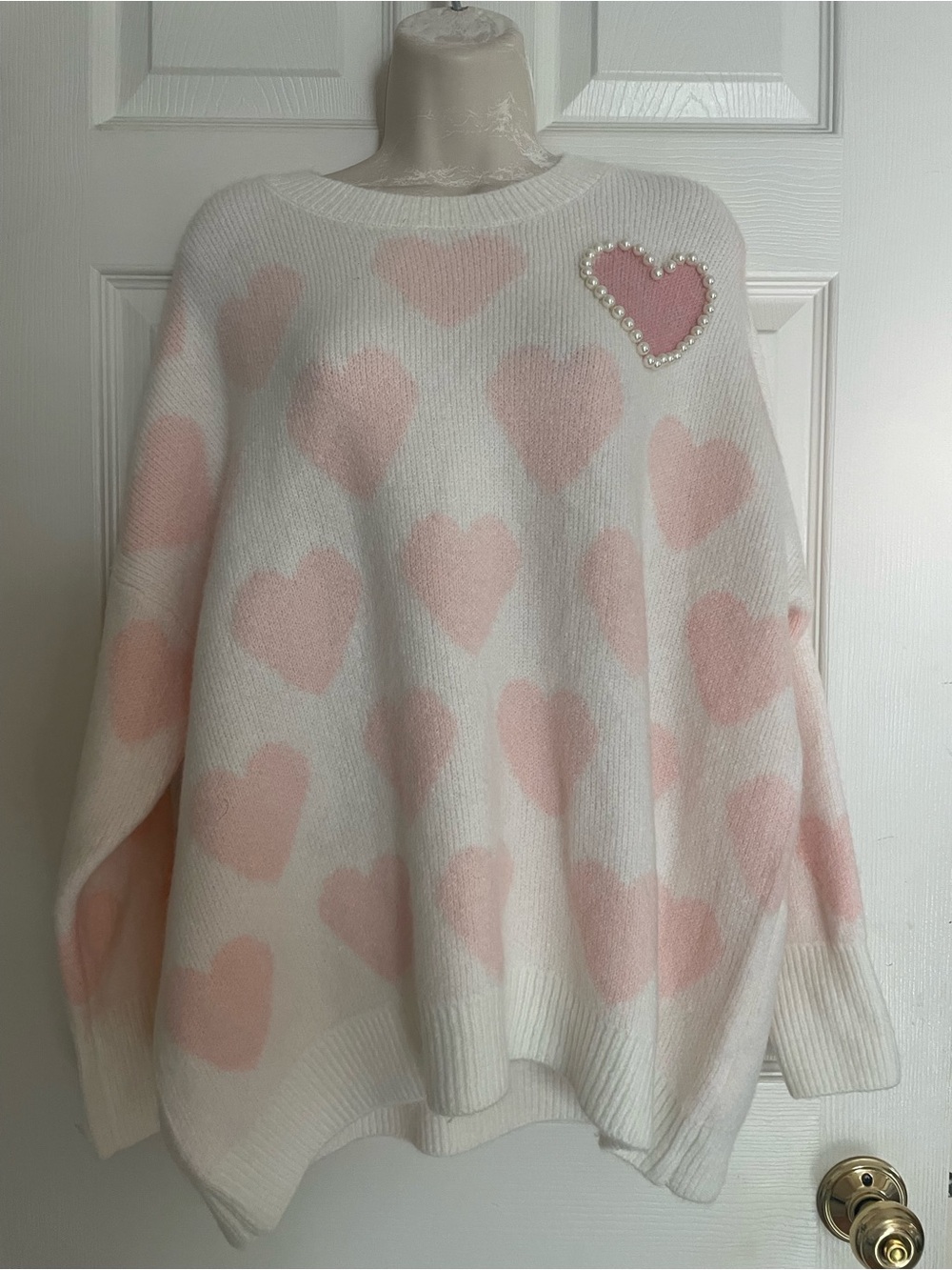 Vince Camuto White & Pink Heart Knit Sweater with Pearl Accent